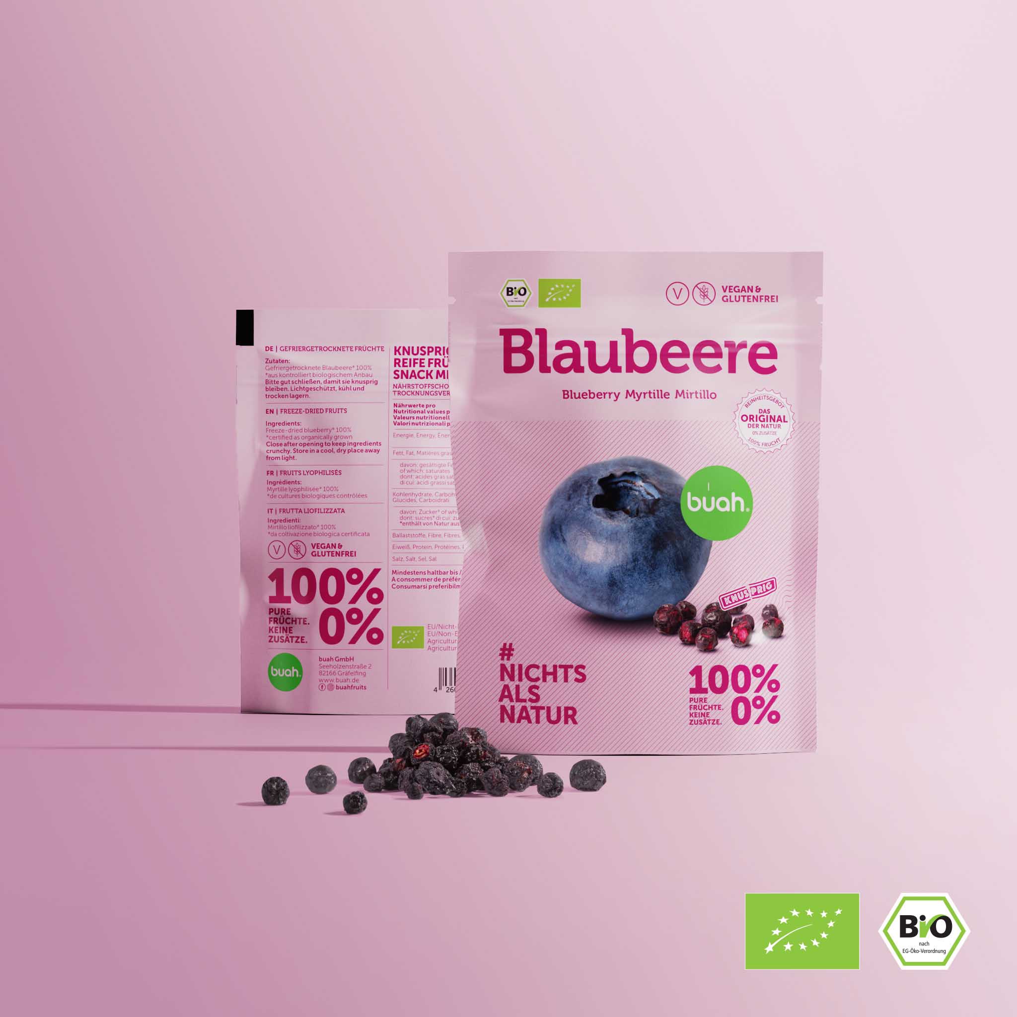 buah Snackpack Blaubeere mit Bio Auszeichnung vor rosa Hintergrund