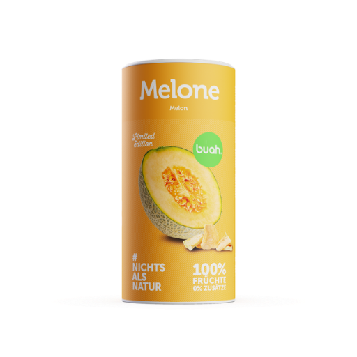 buah Produktansicht Melone. Eine gelbe Dose buah gefriergetrocknete Cantaloupe Melone der Limited Edition steht freigestellt vor einem weiĂźen Hintergrund. Auf der Dose ist eine halbierte Melone und FruchtstĂĽcke abgebildet.