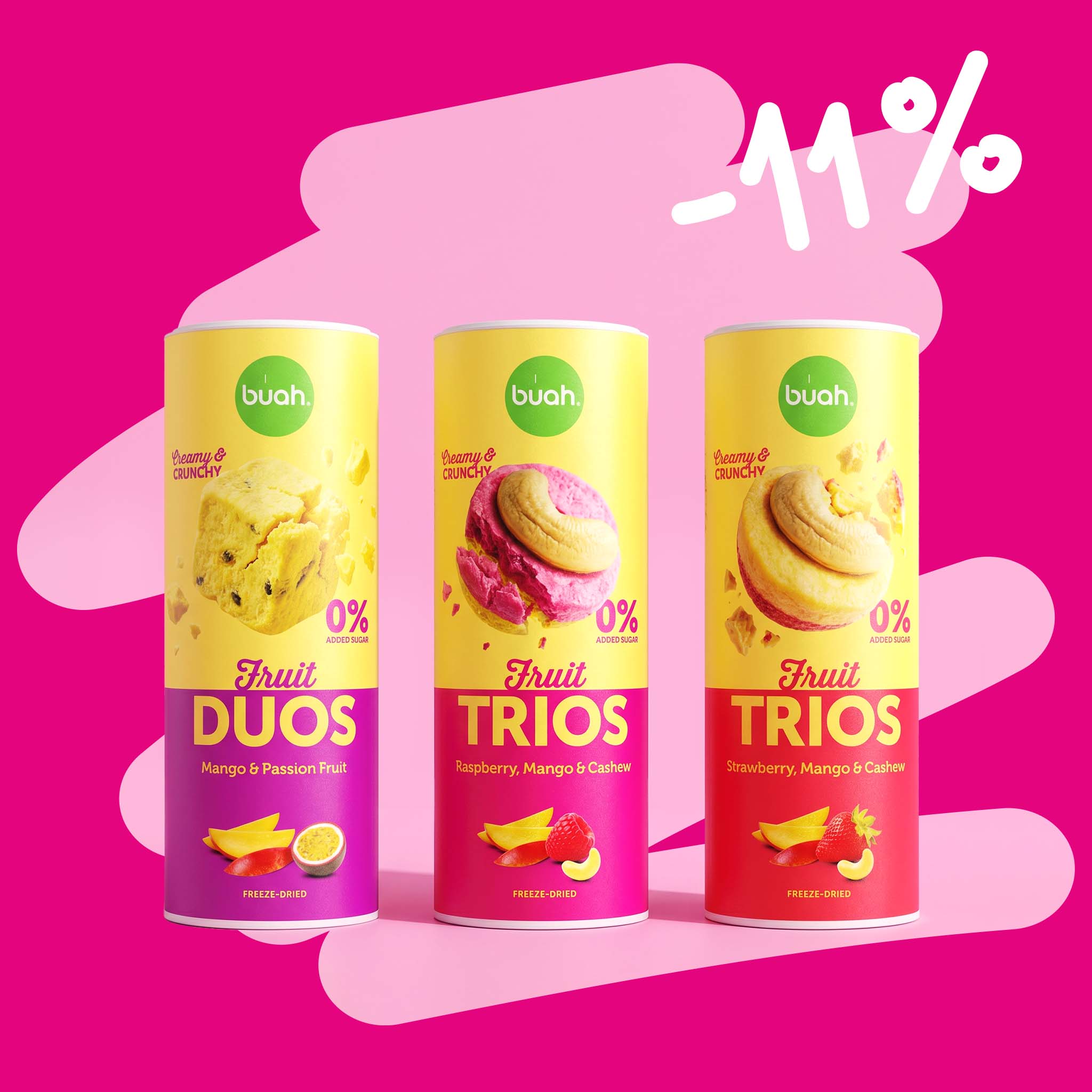 buah Neuheiten Set - Fruit Duos und die neuen Fruit Trios in einem Set - Mango-Passion-Fruit, Erdbere-Mango-Cashew und Himbeere-Mango-Cashew