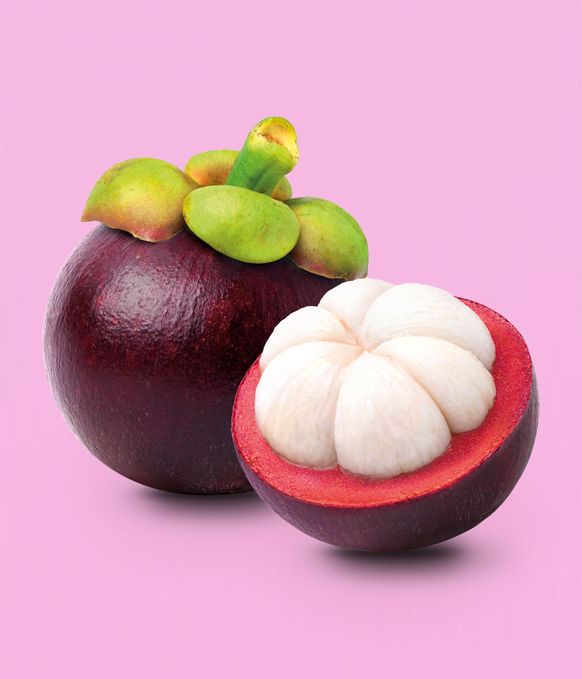 buah_frucht_mangostan. Eine frische, violette Mangostan-Frucht mit grĂĽnem Stielansatz liegt neben einer aufgeschnittenen halben Frucht, die das weiĂźe Fruchtfleisch zeigt, vor einem pinken Hintergrund.