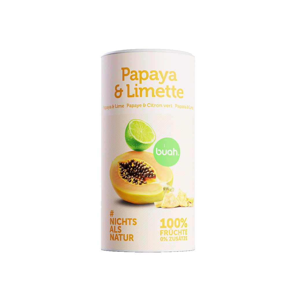 Quadratische Produktdarstellung einer buah-Dose „Papaya & Limette“ mit gefriergetrockneter Papaya auf hellgelbem Hintergrund; „100 % Früchte, 0 % Zusätze“.