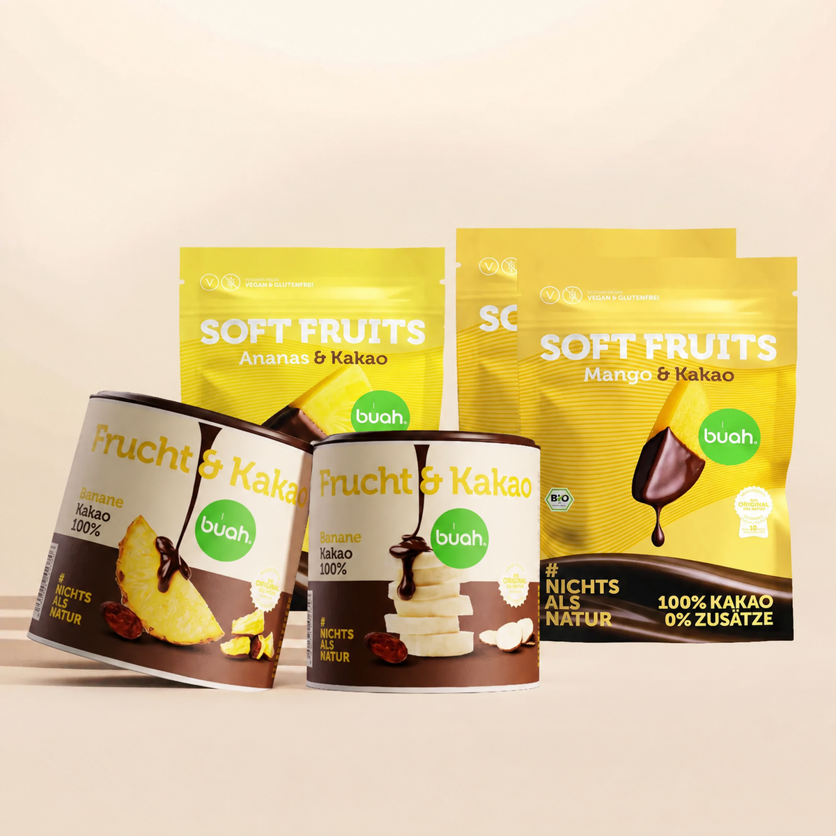 Frucht und Kakao Traum Set von buah - 2x Soft Fruits Ananas und Mango mit Kakao und 2x gefriergetrocknete Banane und 1x Ananas mit Kakao