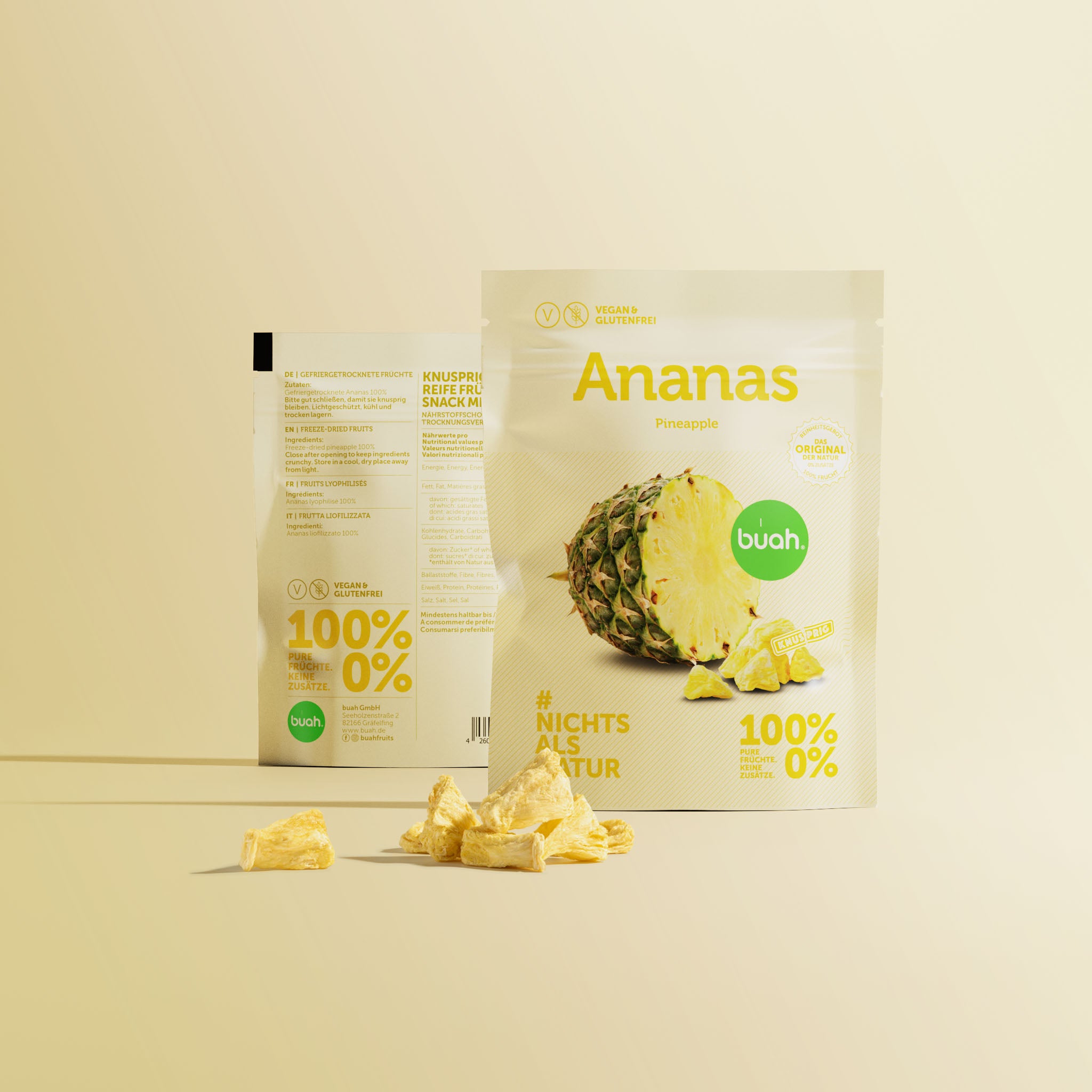 Zwei buah Ananas Snackpack nebeneinander  mit Vorder- und Rueckansicht der Packung