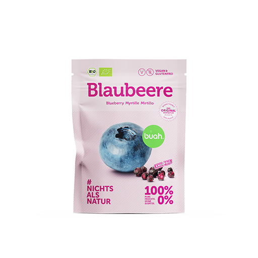 buah Snackpack Blaubeere mit Bio Auszeichnung vor rosa Hintergrund