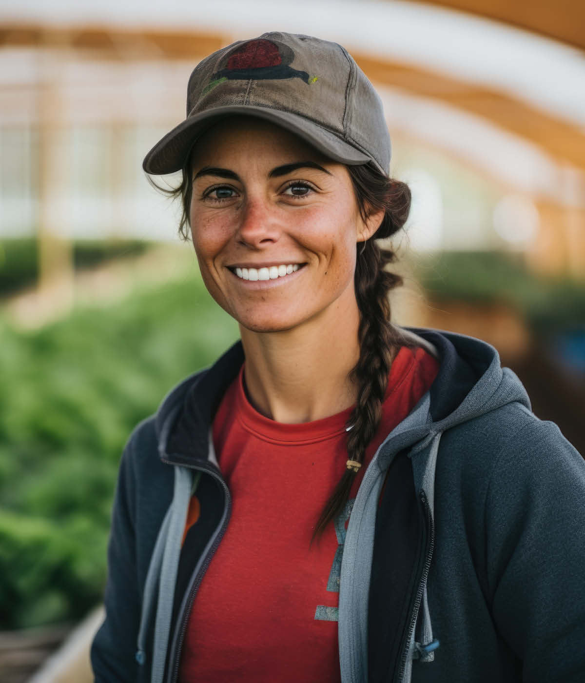Farmerin mit rotem Shirt und geflochtenem Zopf lacht in die Kamera