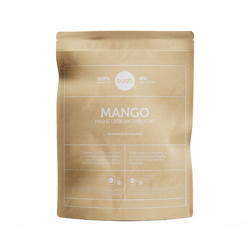 buah gefriergetrocknete Mango im Vorteilspack mit kleinem Haufen gefriergetrockneter Mango im Vordergrund