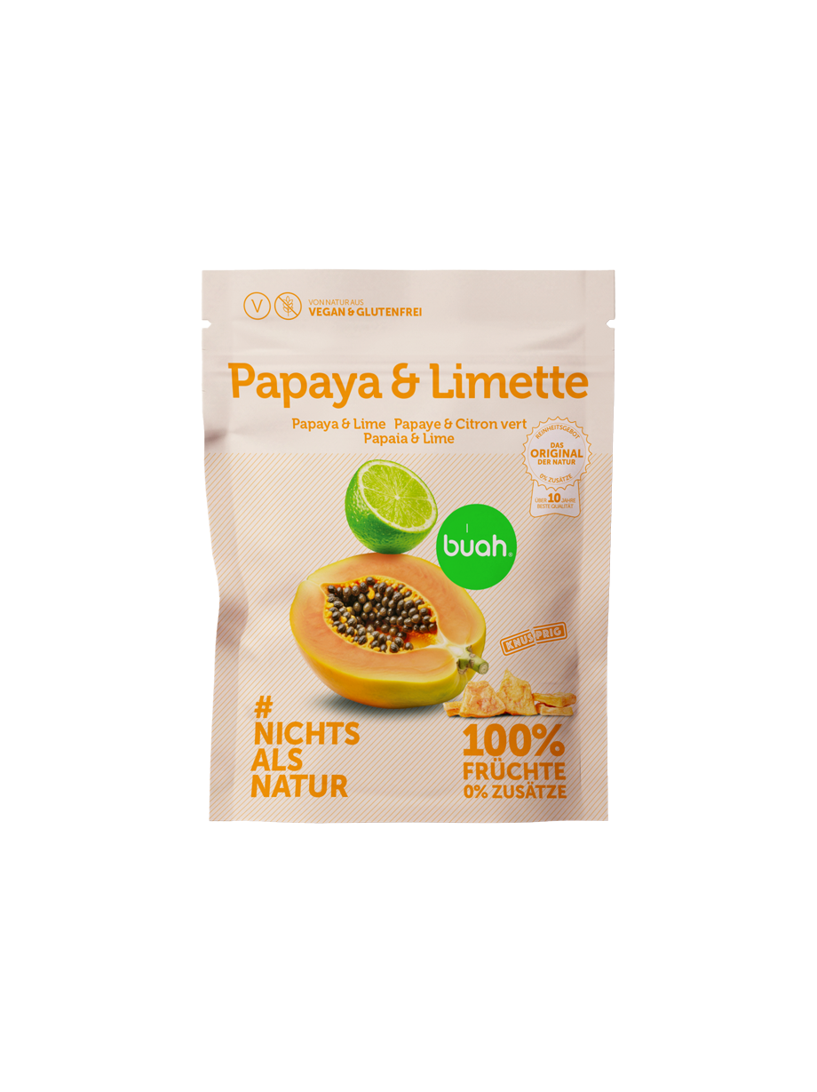 Kleines rechteckiges Päckchen mit Abbildung einer Papaya, aufgeschnitten und mit einer Limette. Schriftzug in Orange. 