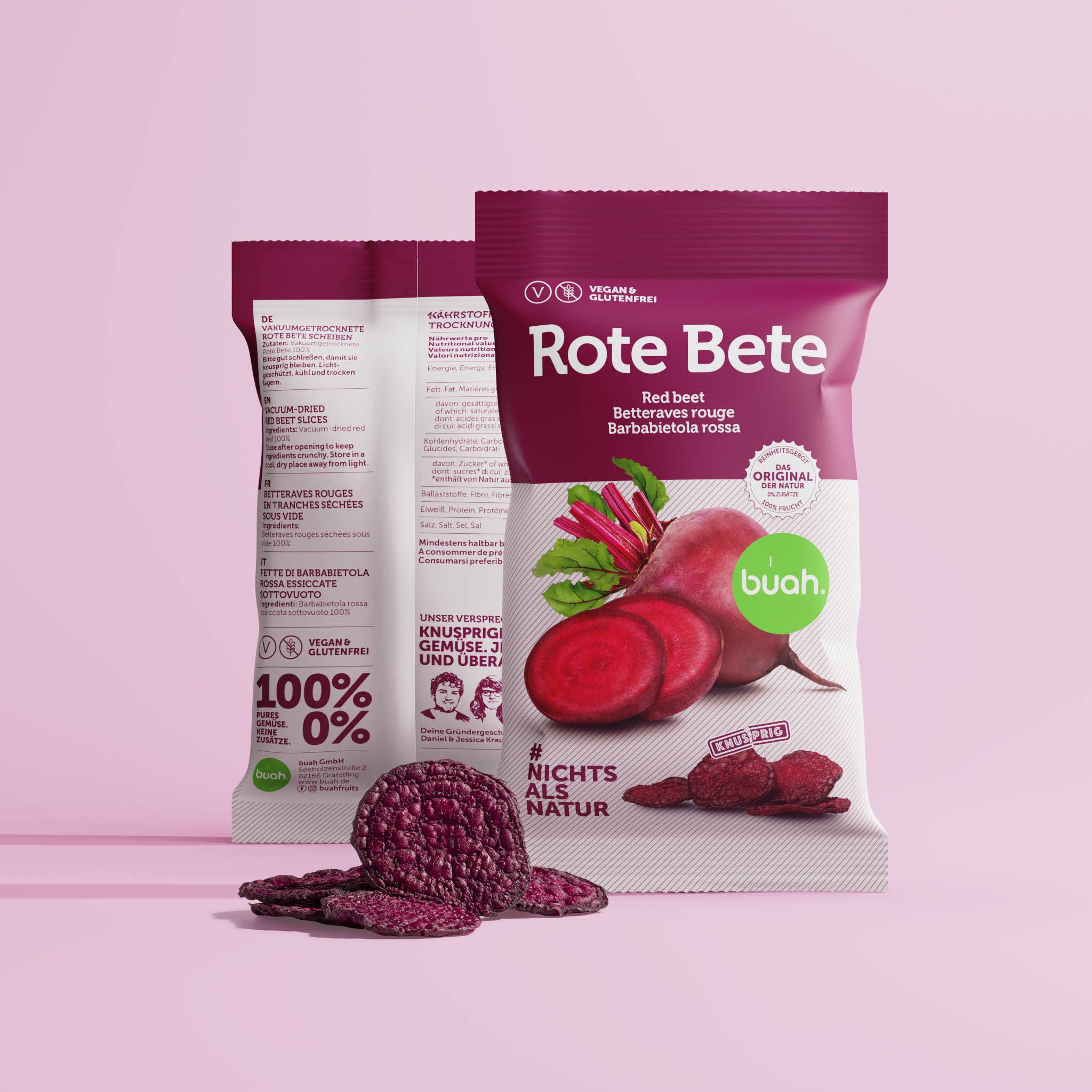 Vorder-, und Rueckansicht einer Packung Rote Bete Gemuesechips von buah