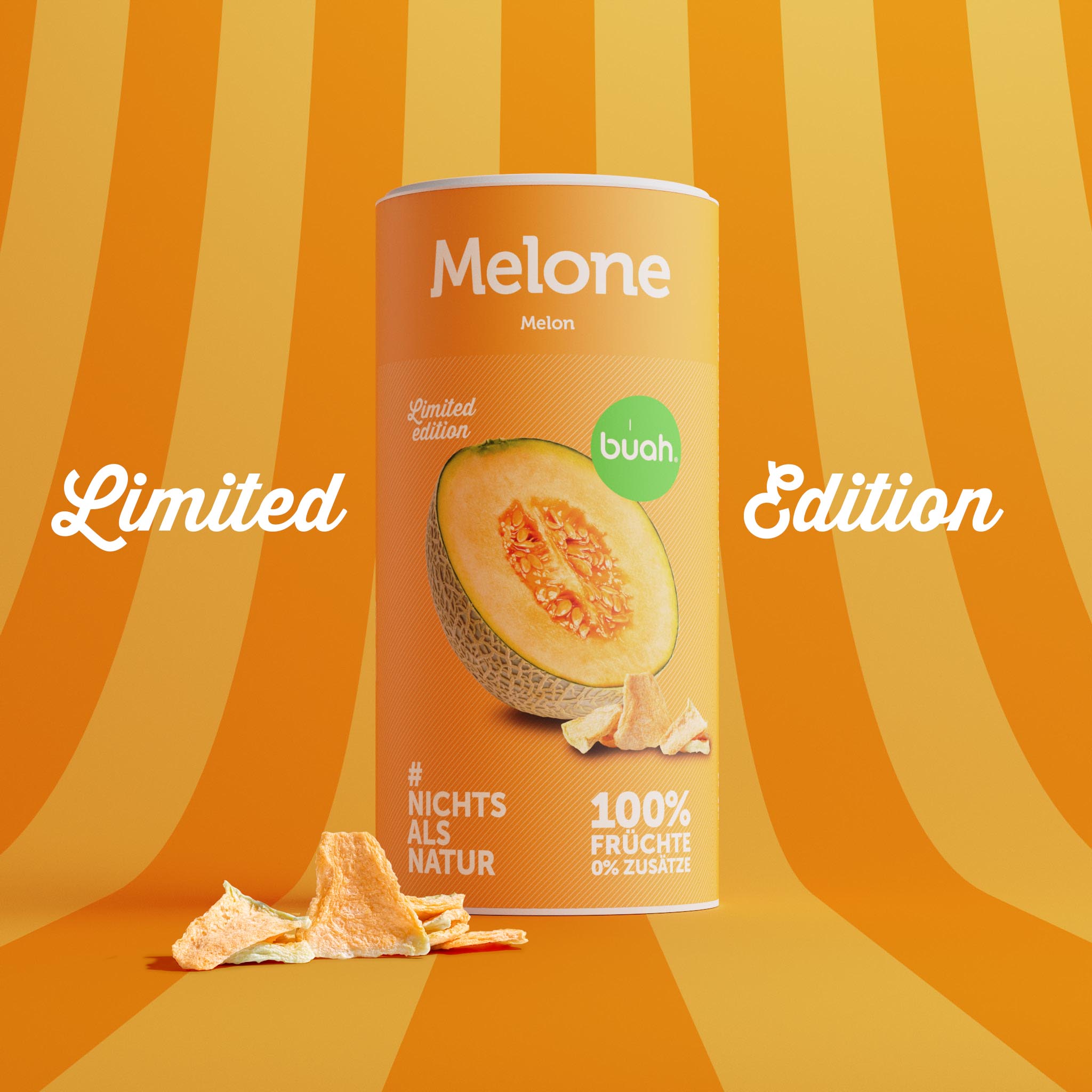 buah gefriergetrockneten Melone in der grossen orangenen Dose als limitierte Edition vor gelb orange gesteiftem Hintergrund mit dem Schriftzug Limited Edition. 