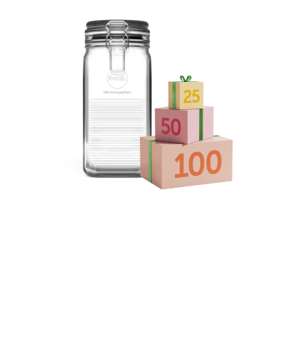 buah Menue Icon zu Gutscheinen und Zubehoer mit einem buah Nachfuellglas und Geschenkboxen gestapelt aufeinander mit den Zahlen 25, 50 und 100