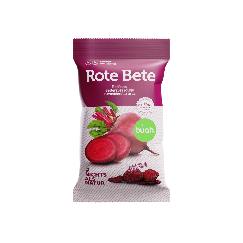 Lila und weiße Packung Rote Bete Chips von buah mit vakuumgetrockneten Chips vor der Packung